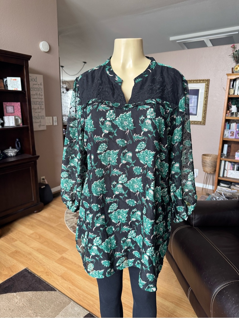 Mustard sheer green, gold & black tunic with lining-size XL-NWT